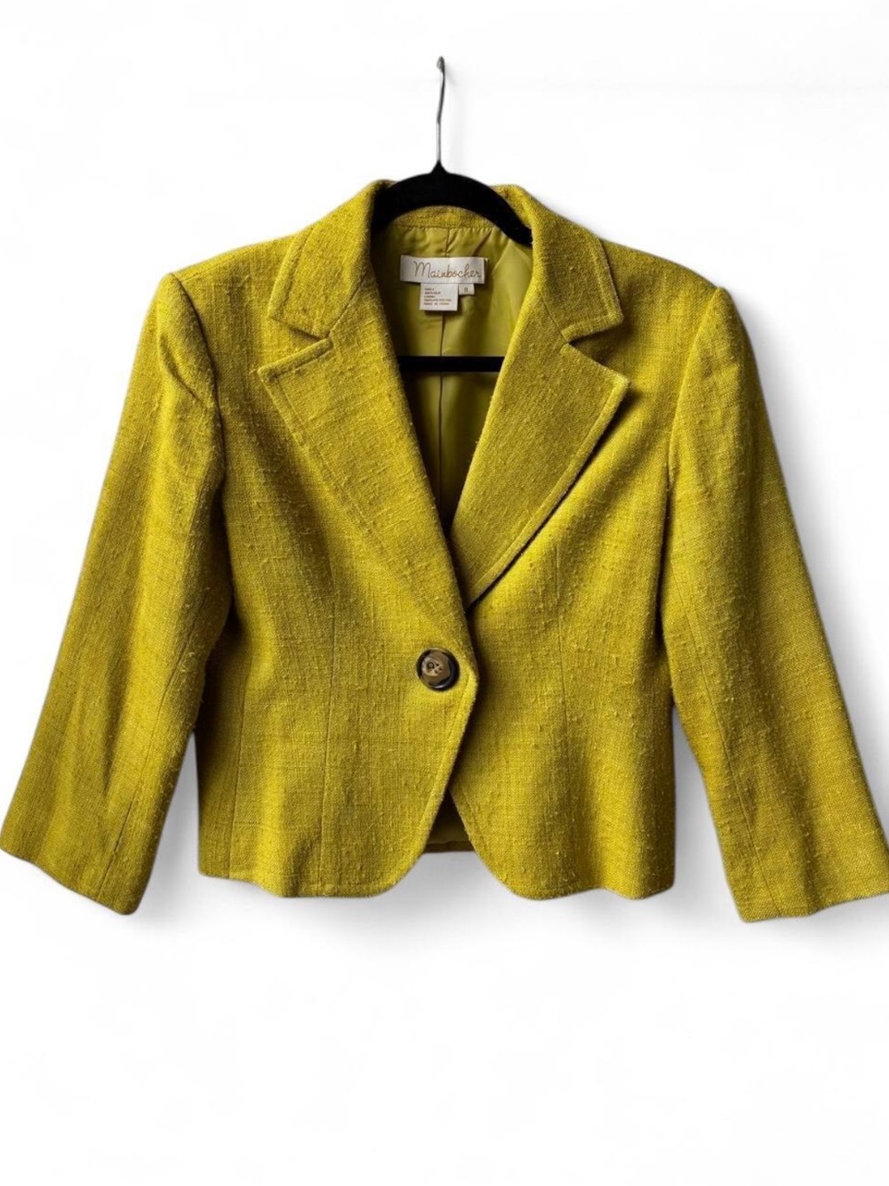 Mainbocher 100% silk blazer mustard yellow textured weave preppy work wear 8